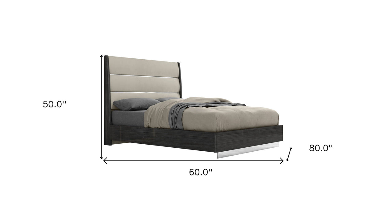 Queen High Gloss Bed Frame with Faux Leather Headboard - Dark Gray