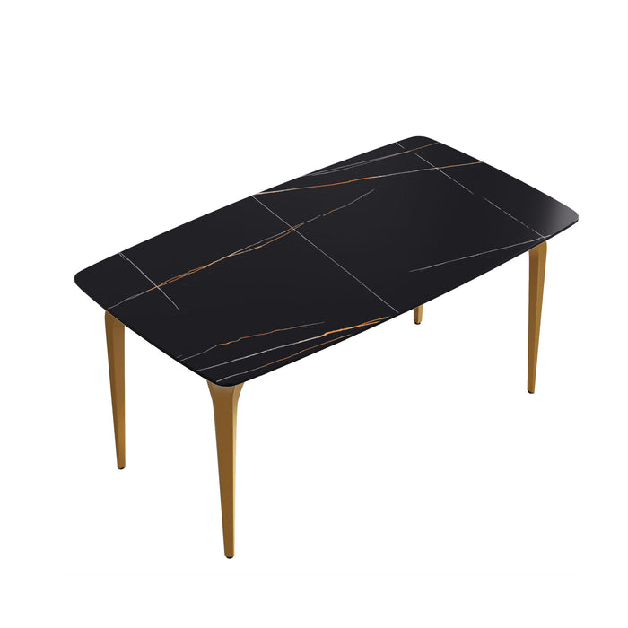 63" Modern Artificial Stone Black Curved Golden Metal Leg Dining Table, 6 People - Black / Gold