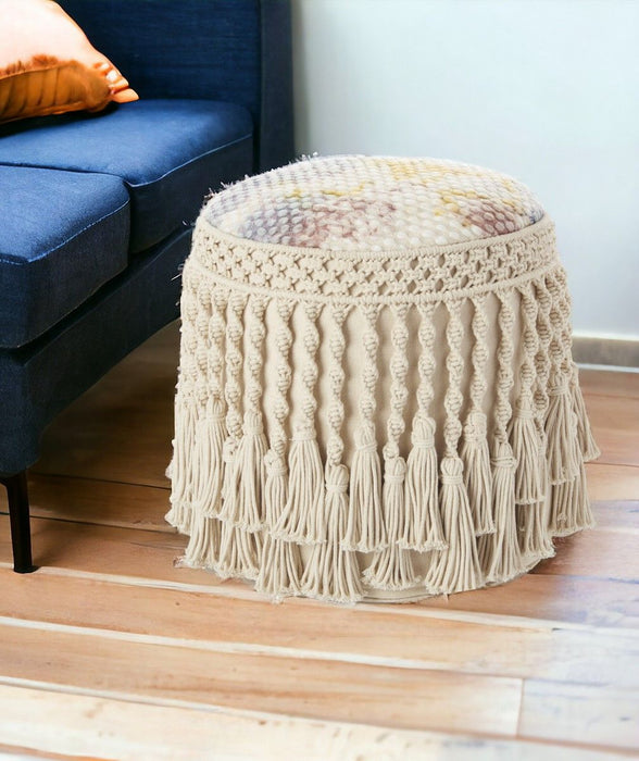 Cotton Round Abstract Pouf Ottoman - Ivory / Blue