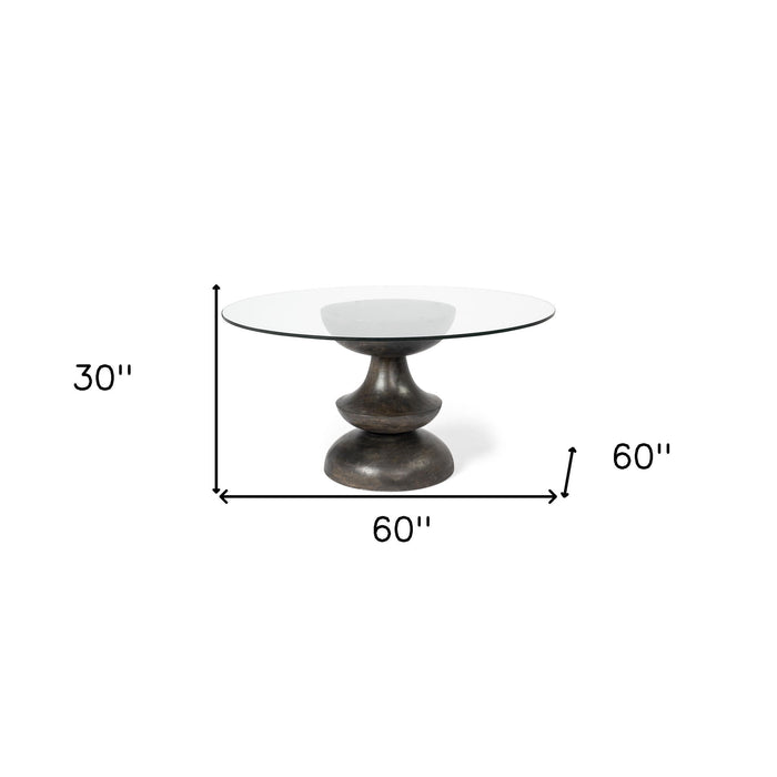 Round Glass Top Wood With Pedestal Base Dining Table - Brown