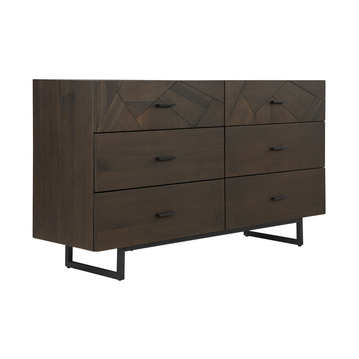 Carved Geometric Solid Wood Six Drawer Double Dresser - Dark Brown