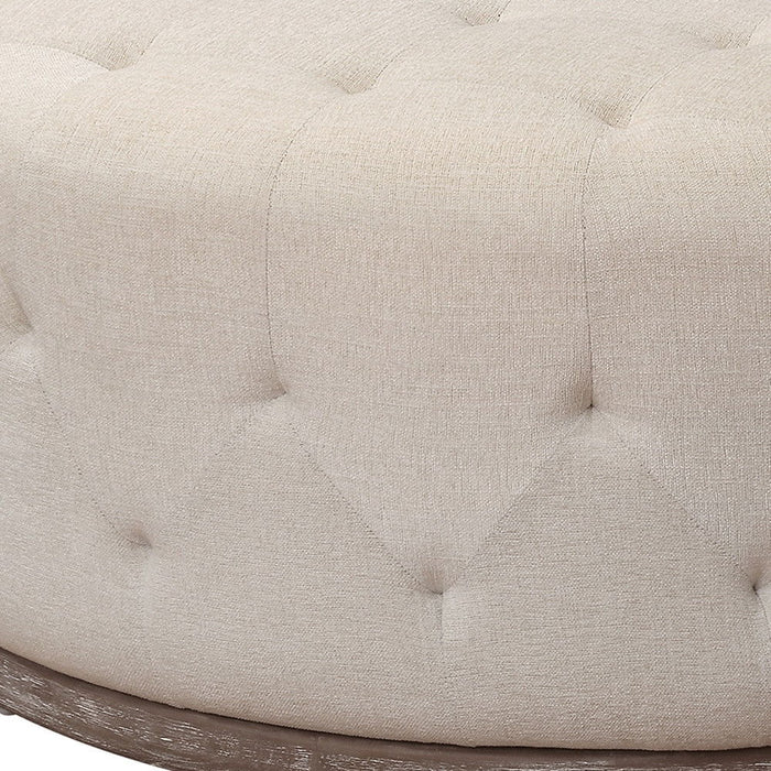 Velvet Tufted Round Ottoman - Ivory / Brown