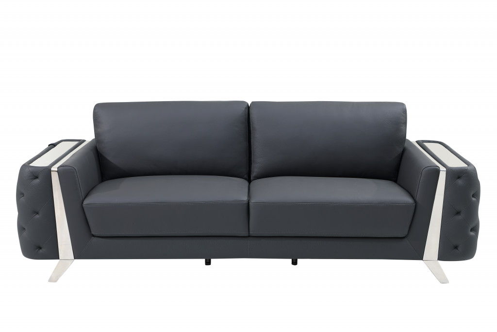 Italian Leather Sofa - Gray / Silver