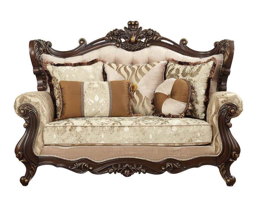 Damask Loveseat And Toss Pillows - Beige / Brown