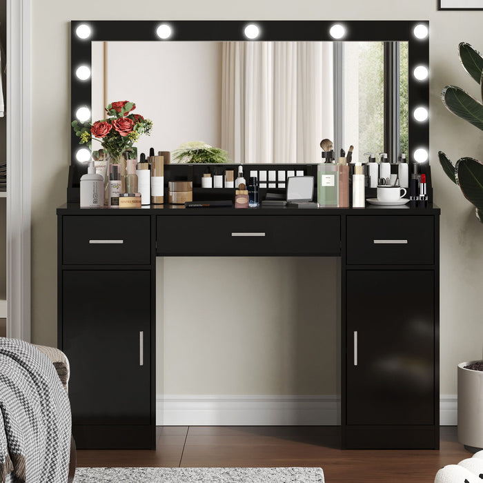 Vanity Desk With Large Mirror, 3 Colour Lighting Modes, Adjustable Brightness, Dresser With 3 Drawers & 2 Vertical Cabinets, Makeup Vanity Table For Women & Girls