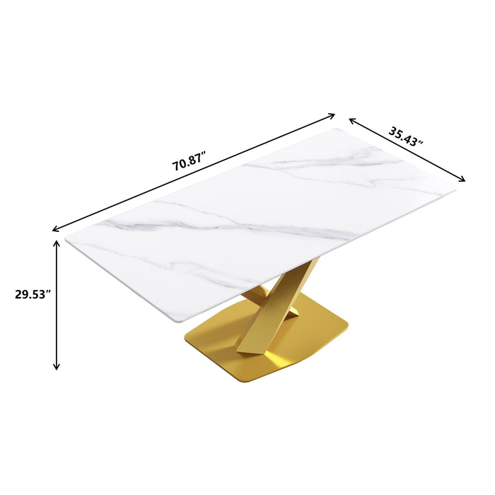 70.87" Modern Artificial Stone White Straight Edge Golden Metal Leg Dining Table - White / Gold