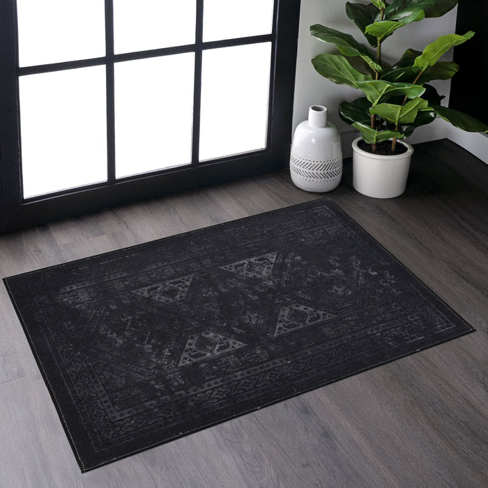 2' x 3' Machine Washable Area Rugs, Low-Pile, Non-Slip, Non-Shedding, Foldable, Kid & Pet Friendly - Black / Gray