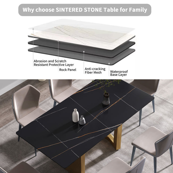 70.87" Modern Artificial Stone Black Straight Edge Golden Metal Leg Dining Table, Can Accommodate 6-8 People - Black / Gold