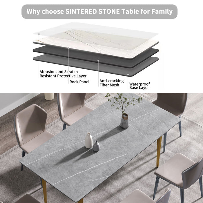 70.87" Modern Artificial Stone Gray Straight Edge Golden Metal Leg Dining Table, Can Accommodate 6-8 People - Gray