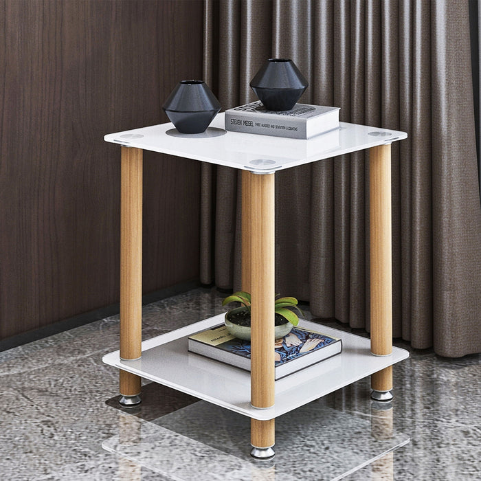 2 Piece Side Table, 2 Tier Space End Table, Modern Night Stand, Sofa Table, Side Table With Storage Shelve - White / Oak