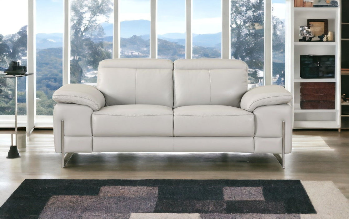 Genuine Leather Love Seat - Light Gray / Silver