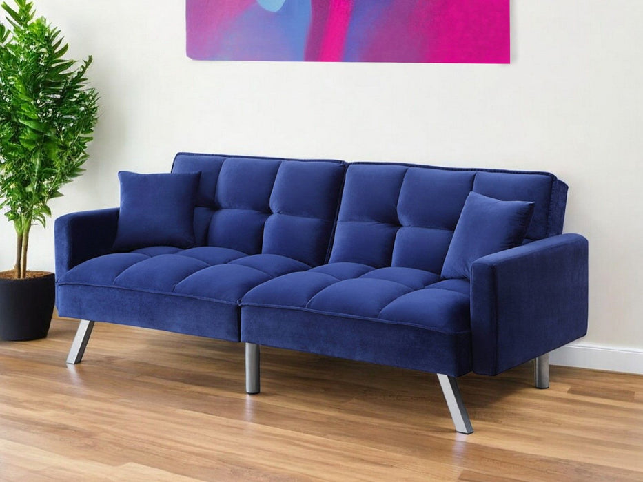 Velvet Sleeper Sofa And Toss Pillows With Black Legs - Blue