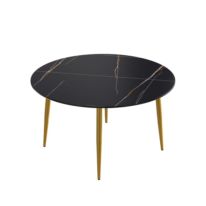 Modern Artificial Stone Round Dining Table With Golden Metal Legs, Can Accommodate 6 People - Black