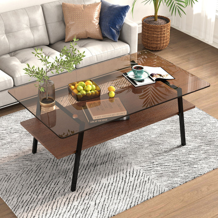 Rectangle Coffee Table, Tempered Glass Tabletop With Metal Legs, Modern Table For Living Room - Brown