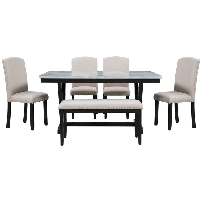 6 Piece Dining Table Modern Style With 4 Chairs & 1 Bench, Table With Marbled Veneers Tabletop And V-Shaped Table Legs - White