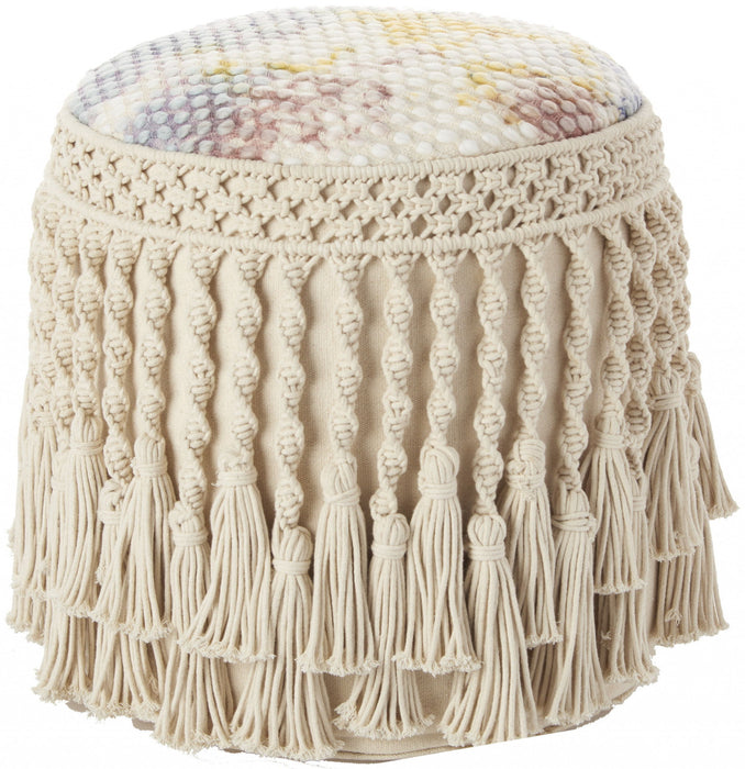 Cotton Round Abstract Pouf Ottoman - Ivory / Blue