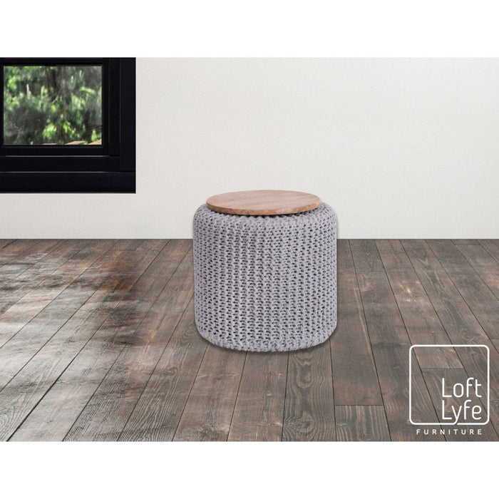 Cotton Blend Round Pouf Ottoman - Light Gray