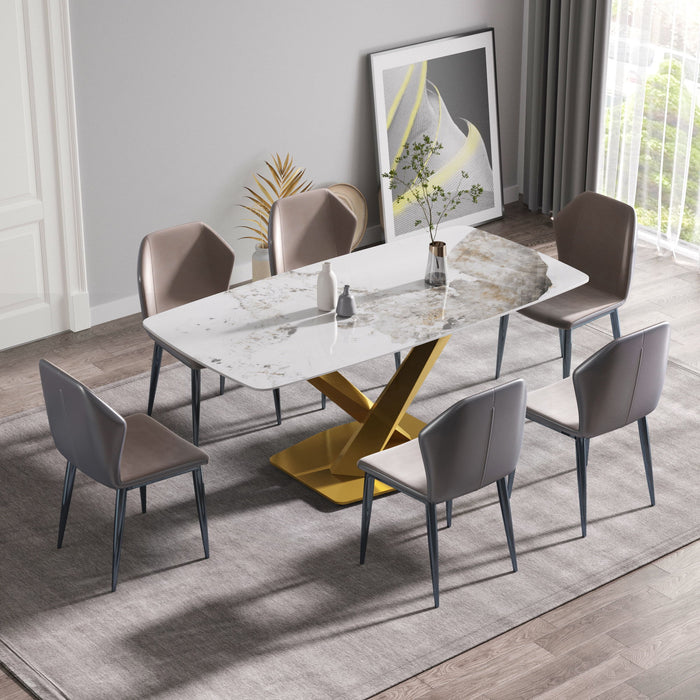 70.87" Modern Artificial Stone Pandora White Curved Golden Metal Leg Dining Table - Antique White / Gold