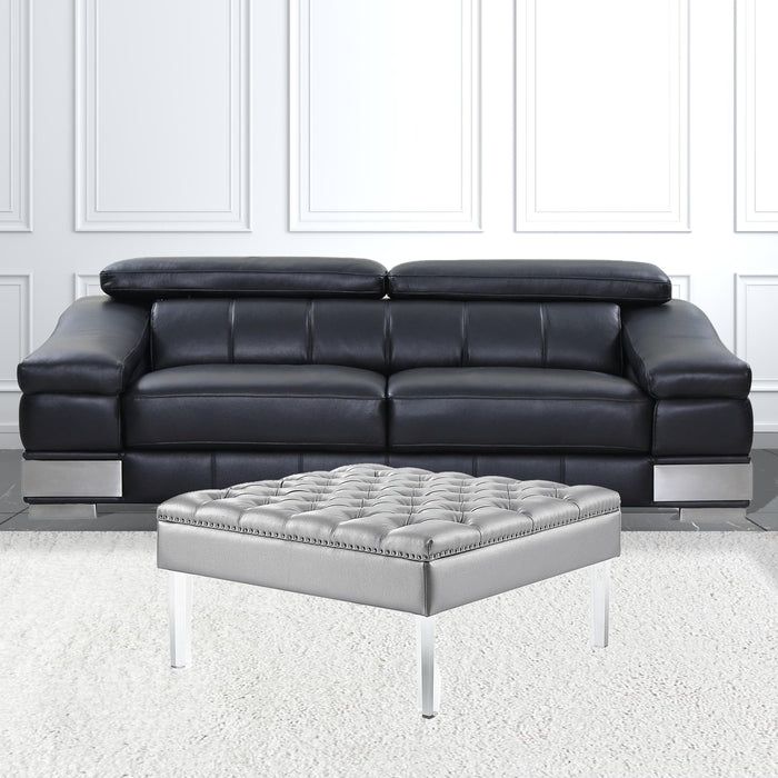 Faux Leather Tufted Cocktail Ottoman - Silver / Clear