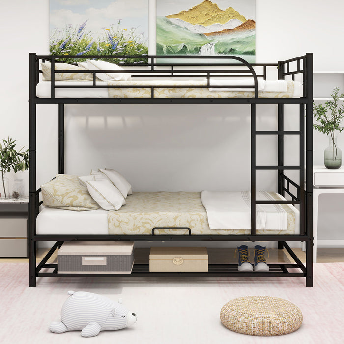 Metal Bunk Bed With Shelf And Guardrails