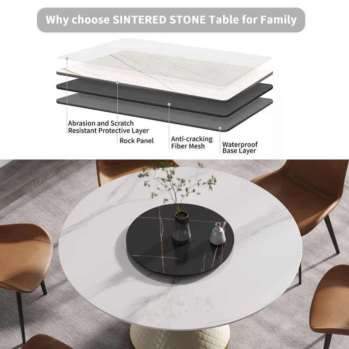 Modern Artificial Stone Round Carbon Steel Base Dining Table, Can Accommodate 6 People - White / Black