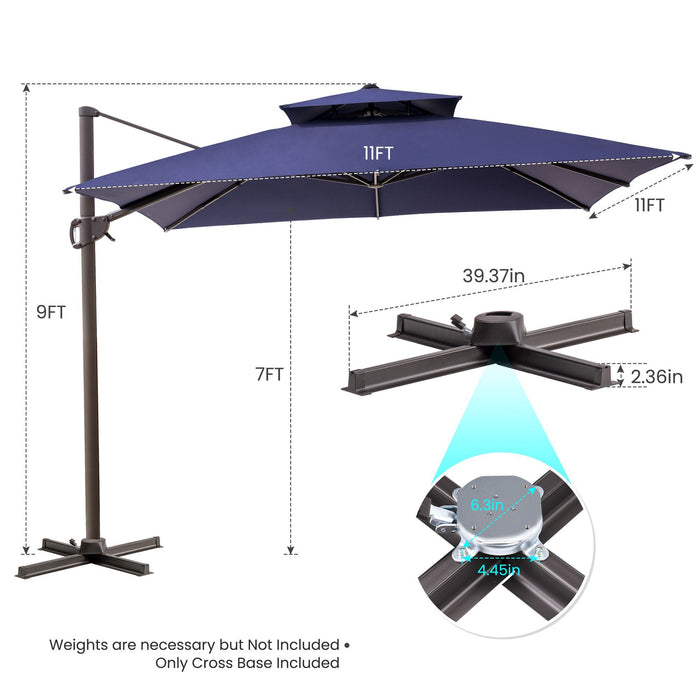 Polyester Round Tilt, Cantilever Patio Umbrella With Stand - Navy Blue