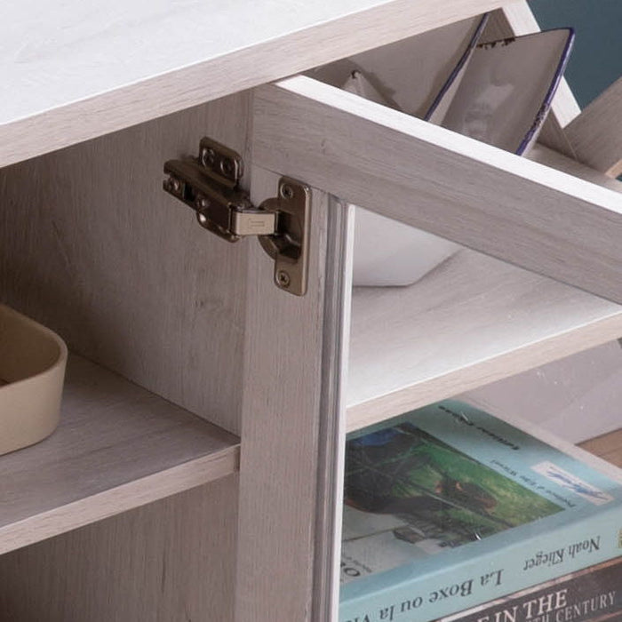 TV Stand With Four Side Shelves And Center Transparent Cabinet Craftsman Style Entertainment Center - White Oak