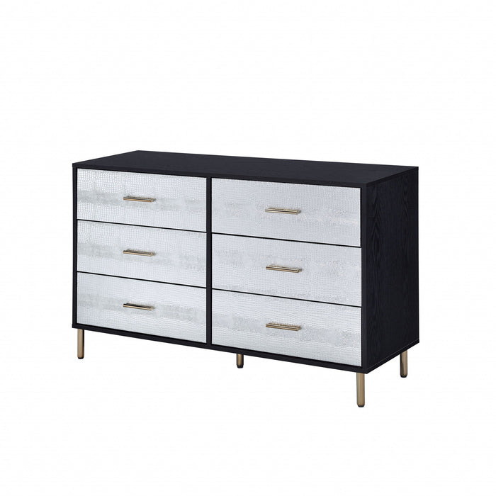 Silver And Gold Faux Croc Design Six Drawer Double Dresser - Black