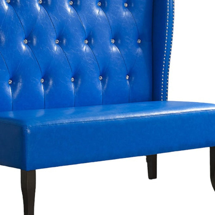 Faux Leather Settee With Dark Brown Legs - Blue