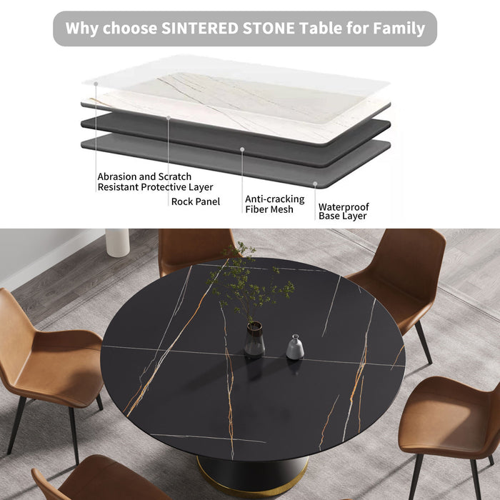 59.05" Modern Artificial Stone Round Black Carbon Steel Base Dining Table, Can Accommodate 6 People - Black