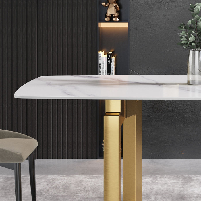 63" Modern Artificial Stone White Curved Golden Metal Leg Dining Table, 6 People - White / Gold