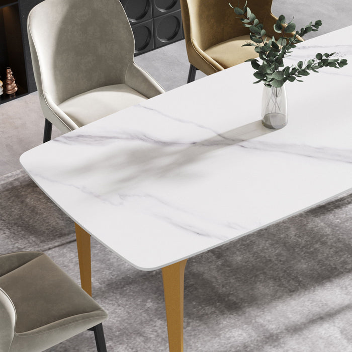 70.87" Modern Artificial Stone White Curved Golden Metal Leg Dining Table, Can Accommodate 6-8 People - White