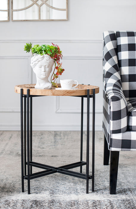 Round Side Table With Wood Top, End Table For Living Room Bedroom - Black Brown