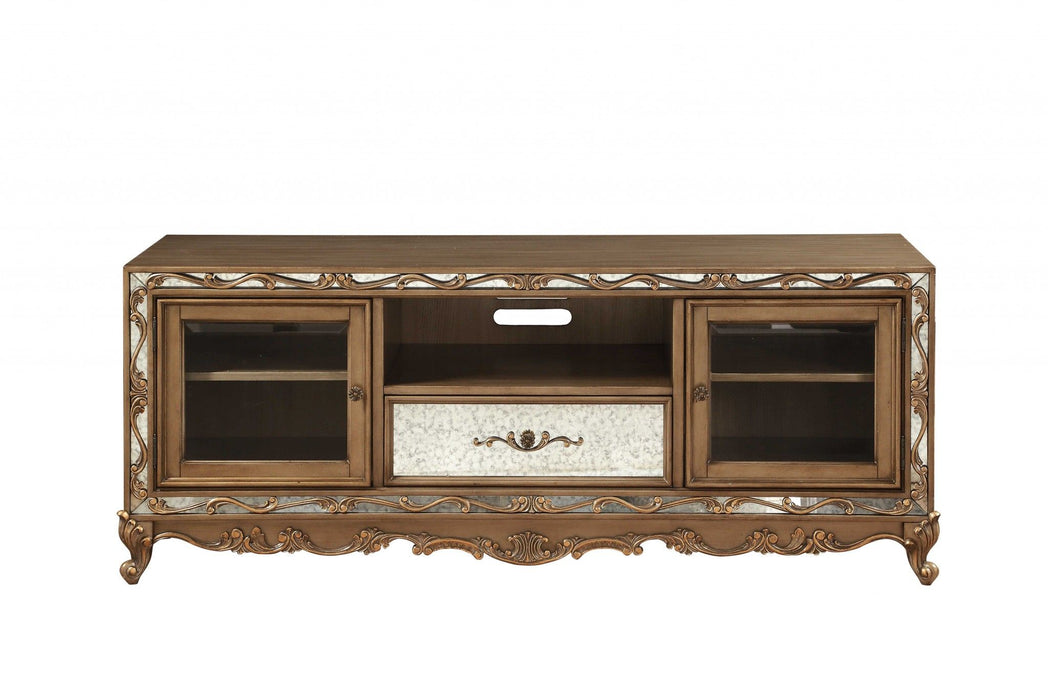 Wood Glass Mirror TV Stand - Antique Gold