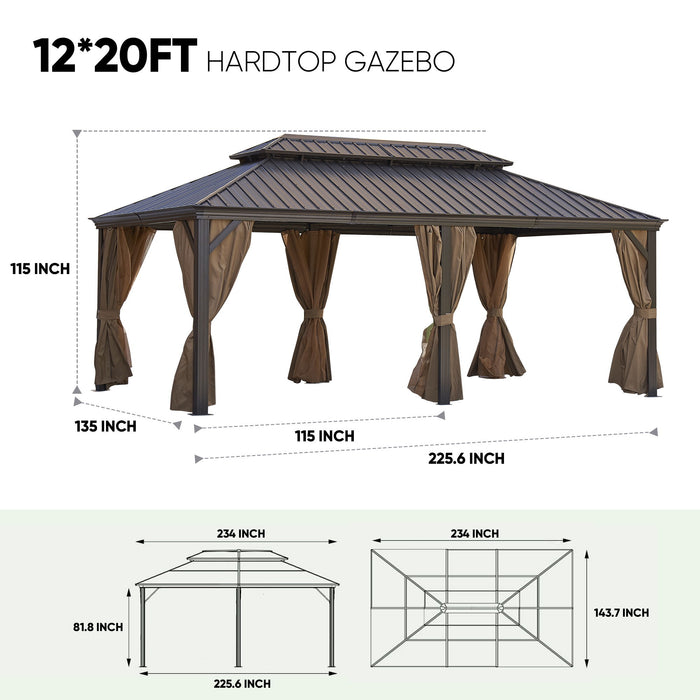 12x20Ft Patic Gazebo, Alu Gazebo With Steel Canopy, Outdoor Permanent Hardtop Gazebo Canopy For Patio, Garden, Backyard - Bronze