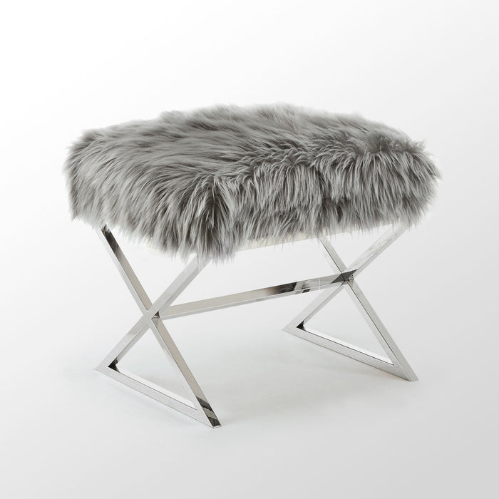 Faux Fur Ottoman - Gray / Silver