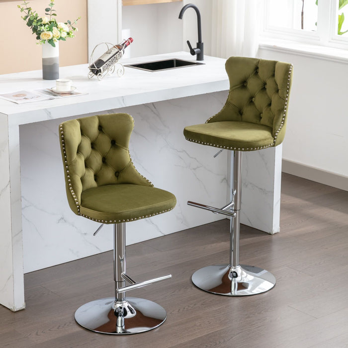 Swivel Velvet Barstools Adjusatble Seat Height From 25-33", Modern Upholstered Chrome Base Bar Stools With Backs Comfortable Tufted For Home Pub And Kitchen Island (Set of 2)