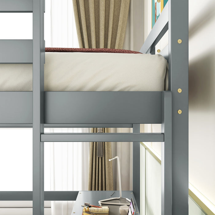 Full Loft Bed With Built-In Desk, Ladder Platform, Ladders, Guardrails - Gray