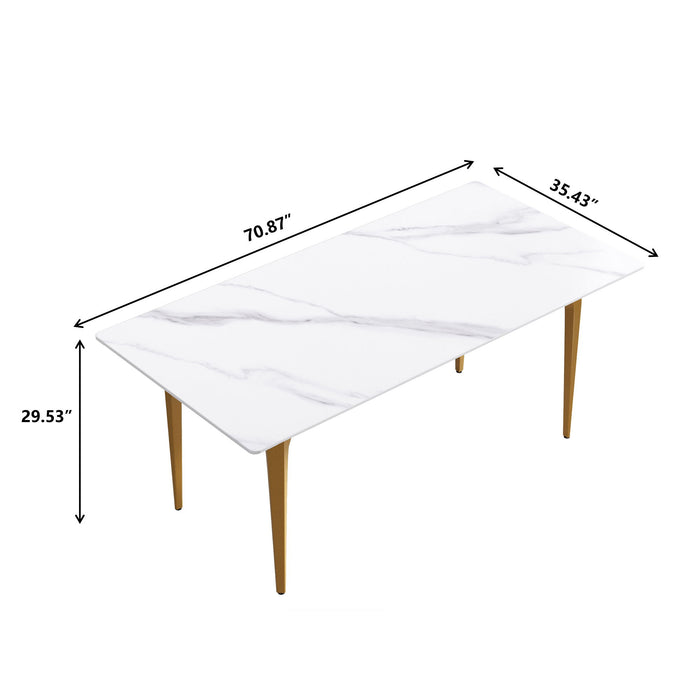 70.87" Modern Artificial Stone White Straight Edge Metal Leg Dining Table, Can Accommodate 6-8 People - White / Gold