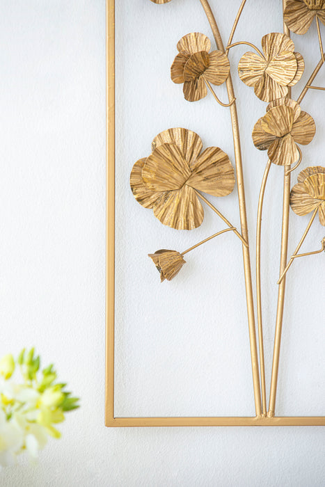 Metal Tree Wall Decor, Vertical Rectangular Flower Wall Accent - Gold