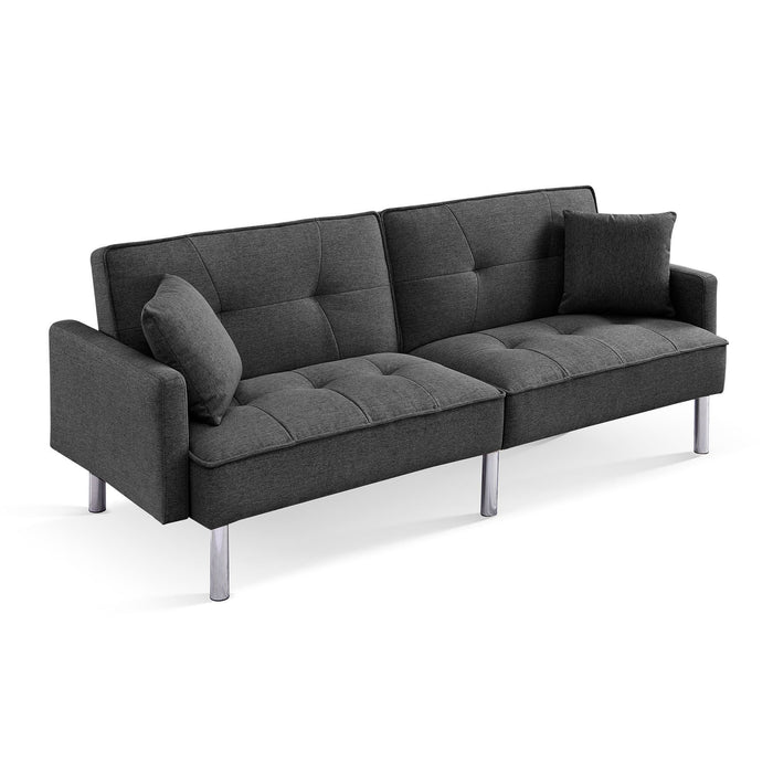 Polyester Blend Convertible Futon Sleeper Sofa And Toss Pillows With Silver Legs - Dark Gray