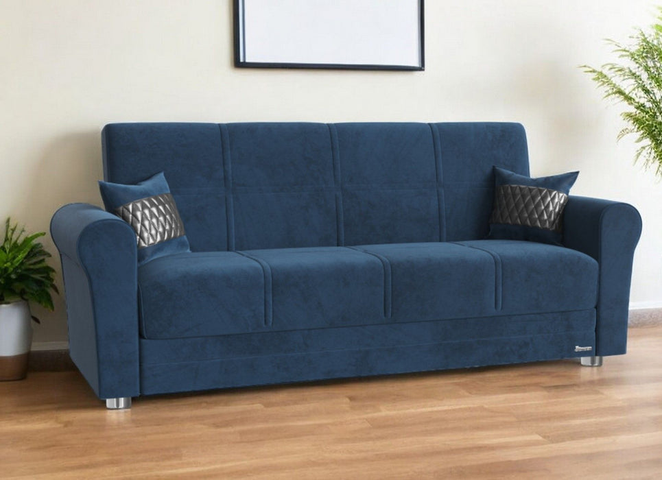 Microfiber Sleeper Sleeper Sofa And Toss Pillows With Silver Legs - Blue