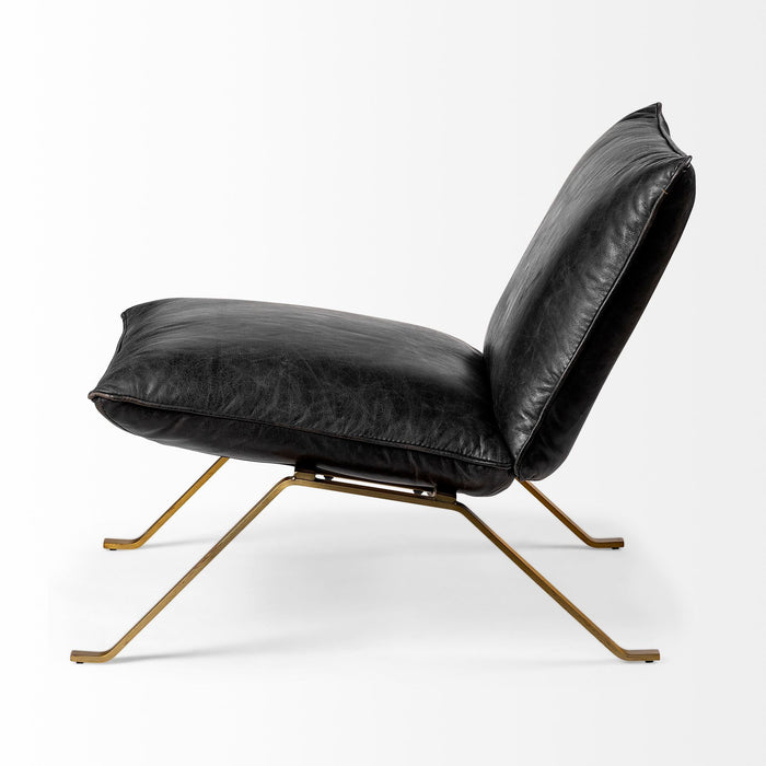 Top Grain Leather Distressed Slipper Chair - Black / Brass