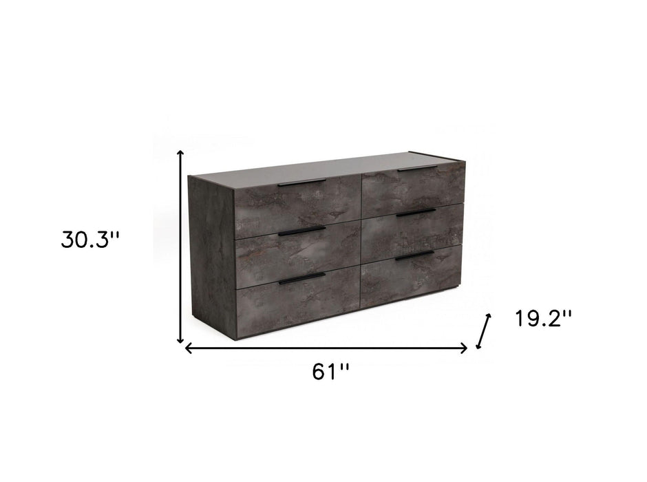 Faux Marble Solid Six Drawer Double Dresser - Gray