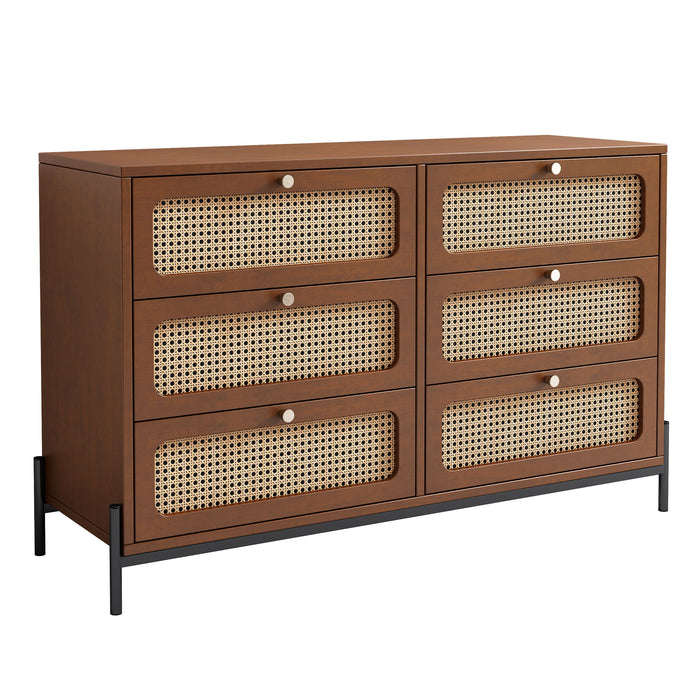 Modern Cannage Rattan Wood Closet 6 Drawer Dresser Wood Storage Cabinet Sideboard For Bedroom, Living Room, Entryway, Hallway