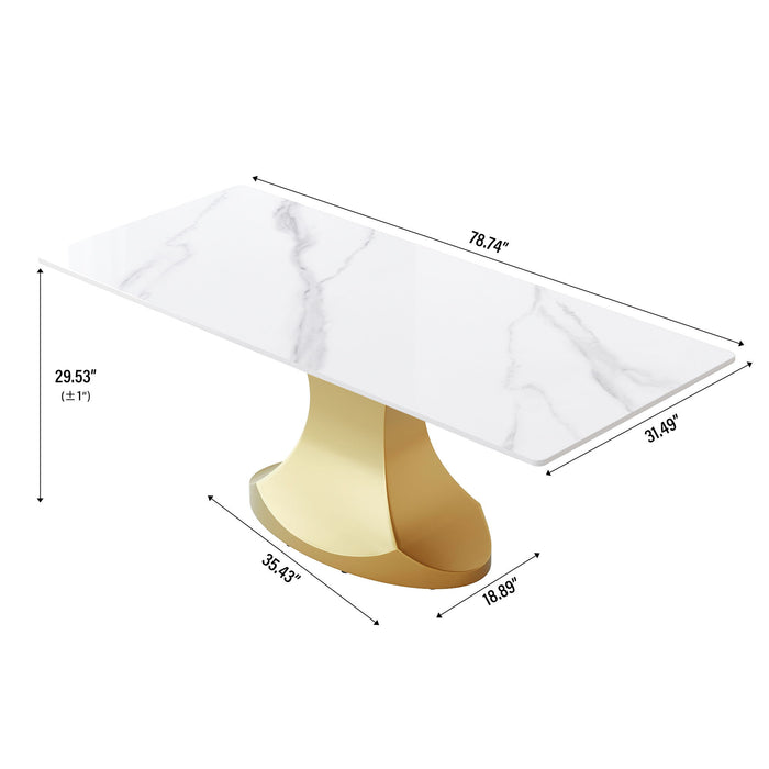 78.74" Modern Artificial Stone Panel Golden Stainless Steel Curved Legs, Can Accommodate 8 People - White / Gold