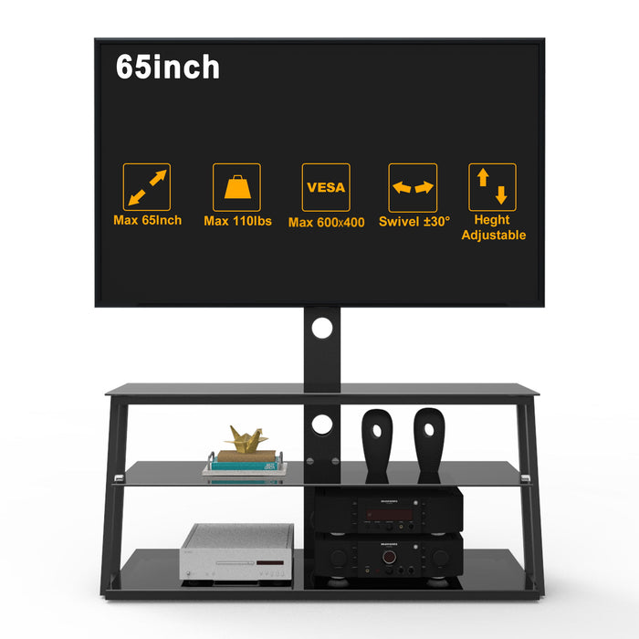 Multi-Function Angle And Height Adjustable Tempered Glass TV Stand - Black