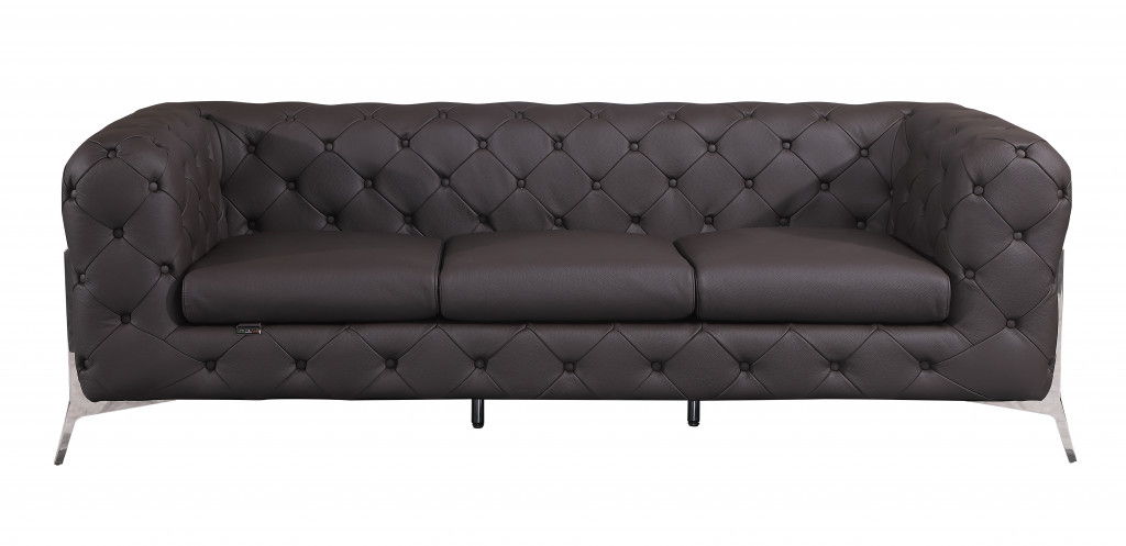 Italian Leather Sofa With Silver Legs - Dark Brown