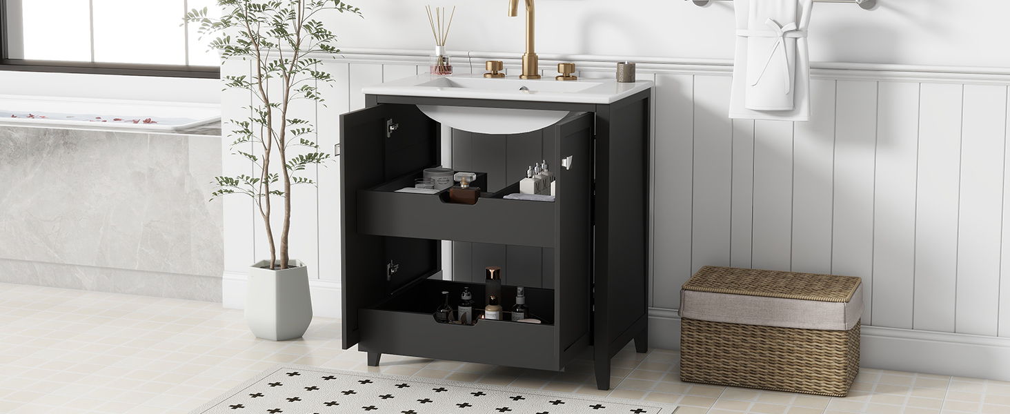 Freestanding Bathroom Vanity Combo With Ceramic Sink Shaker Style Vanities 2 Doors And 2 Drawers - Black