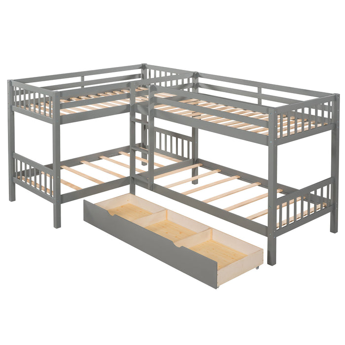 Twin L-Shaped Bunk Bed With Drawers - Gray